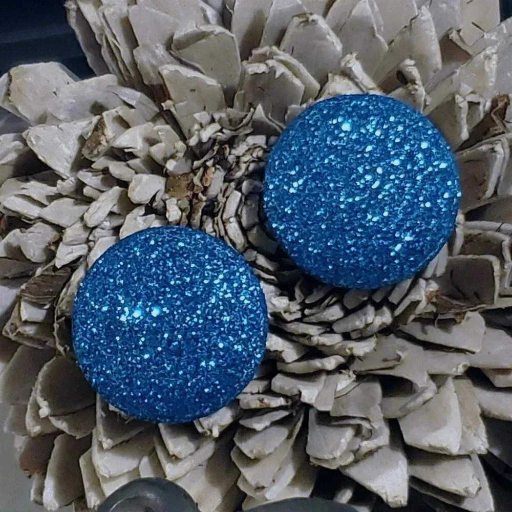 Retro 80s Club Glam Disco Sparkly Turquoise Blue Fabric Button Earrings - Picture 4 of 10